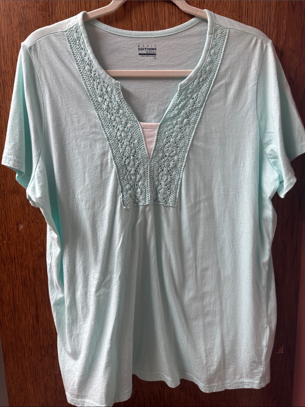 Basic Editions Mint Green Crochet Trim V-Neck Short Sleeve Top